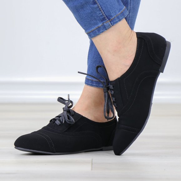 Black Faux Nubuck Lace up Flat Heel Oxford Style Shoes - Picture 8 of 12
